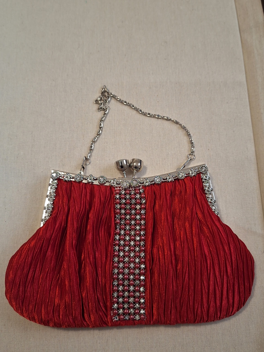 Red Rhinestone-Accent Evening Clutch with Chain